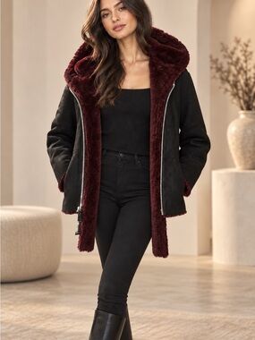 Sandro Women’s Black Coat with Burgundy Faux-Fur Lining